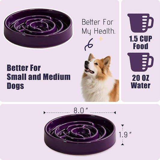 Ceramic Slow Feeder Dog Bowl,1.5 Cups Pet Slow Feeder for Small and Medium Breed,Puzzle Dog Food Dish,Anti-Gulping,Stop Bloat,Preventing Choking(Purple)