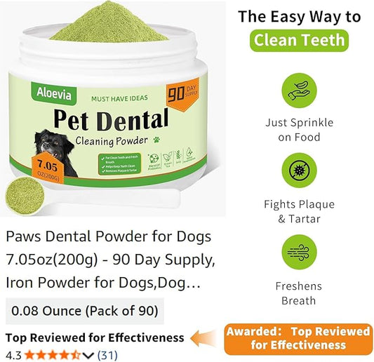 Paws Dental Powder for Dogs 7.05oz(200g) - 90 Day Supply, Iron Powder for Dogs,Dog Teeth Cleaning & Breath Freshener, Plaque & Tartar Remover for All Dog Breeds