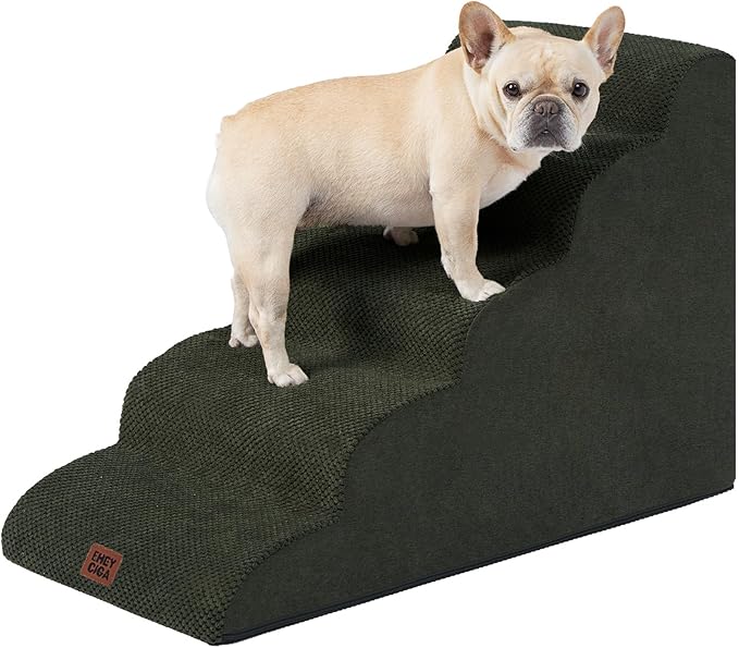 EHEYCIGA Curved Dog Stairs Ramp for High Beds 22.6" H, 5-Step Dog Steps for Small Dogs and Cats, Pet Stairs for High Bed Climbing, Non-Slip Balanced Pet Step Indoor, Military Green