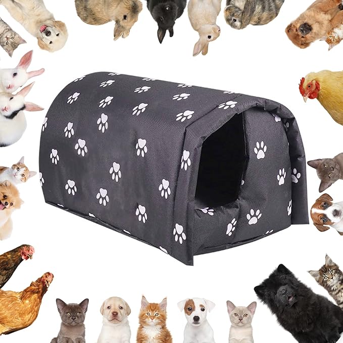 Fhiny Stray Cats Shelter, Waterproof Outdoor Cat House Foldable Warm Pet Cave for Winter Wild Animal Tent Bed Anti-Slip Kitten Cave for Feral Cat Dog Puppy Weatherproof Black (M:17.7"×15.7"×13.7")