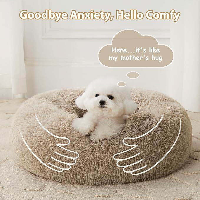 WNPETHOME Calming Dog Bed & Cat Bed,Small Dog Bed Donut Design Faux Fur Anti-Anxiety Dogs Beds,Fluffy Pet Cushion Pet Beds for Small Dogs and Cats (20 x 20 Inch, Brown)