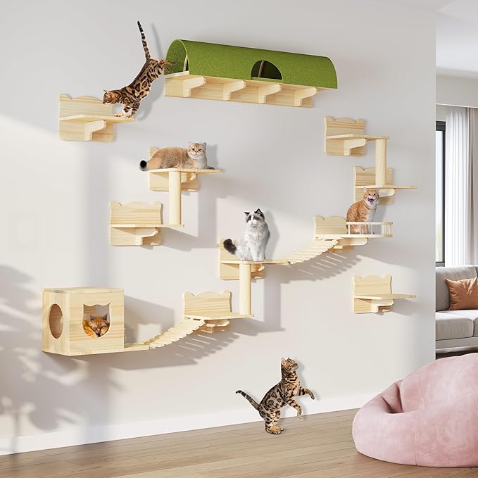 Cat Wall Shelves, 16-in-1 Solid Wood Wall-Mounted Cats Furniture Set with Scratching Post, Cat Climbing Wall Systems with 40''L Tunnel, Step, Condo, House, Bridge Ladder, Cats Shelf Furniture