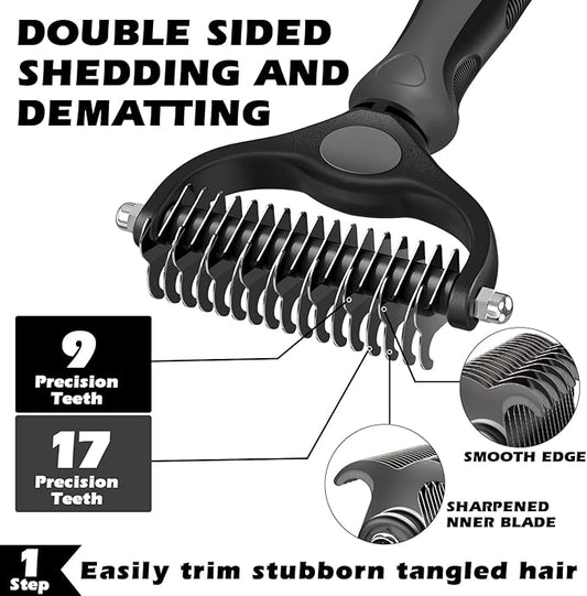 3PCS Self Cleaning Slicker Brush & Pet Grooming Rake & Flea Comb for Dogs,Cats and Horses | Double-Sided Dematting Comb & Skin Friendly Deshedding Grooming Tool | Premium Pet Supplies(Gray Black)
