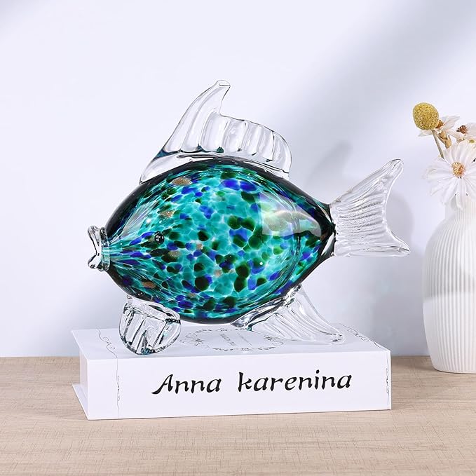 LCCCK Large Hand Blown Glass Fish Figurines, Aquarium Sea Glass Art, Fish Statue Sculpture Modern Coastal Accent - for Beach Knick Knacks, Coffee Tables, Nautical Offices Centerpiece (Teal)