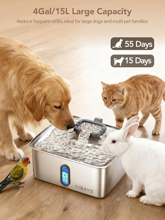SIBAYS 4Gal/15L Dog Water Fountain for Large Dogs, Stainless Steel Large Pet Water Fountain, Ultra Quiet Automatic Dog Water Bowl Dispenser with Water Level Window and LED Light(FS78, Silver-Grey)