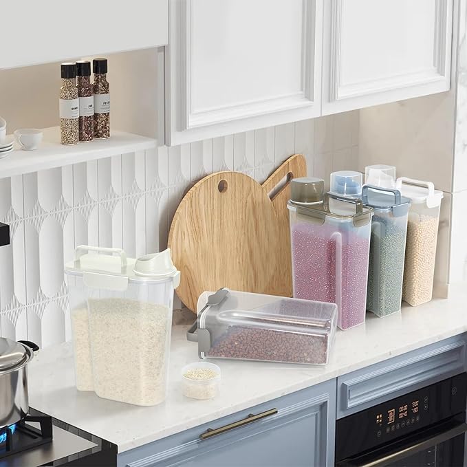 5Lbs Dog Cat Storage Container Portable with Upgraded Large Spout and Cup, Plastic Pet Food Dispenser for Small Animal Kibble, Bird Seed, Oatmeal, Rice, Flour, Brown Sugart -Elegant White