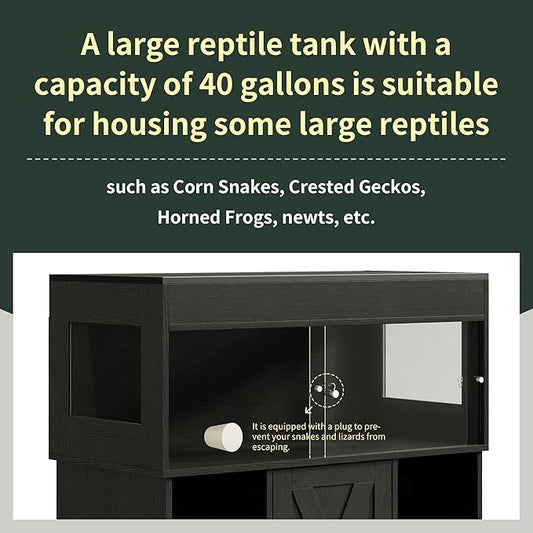 Herture 40 Gallon Reptile Terrarium Tank with Storage Cabinet, Reptile Tank with Stand, for Leopard Geckos, Corn Snakes, Juvenile Pets, Sliding Acrylic Doors, Mesh Top, Power Outlet, Black PX03RTB