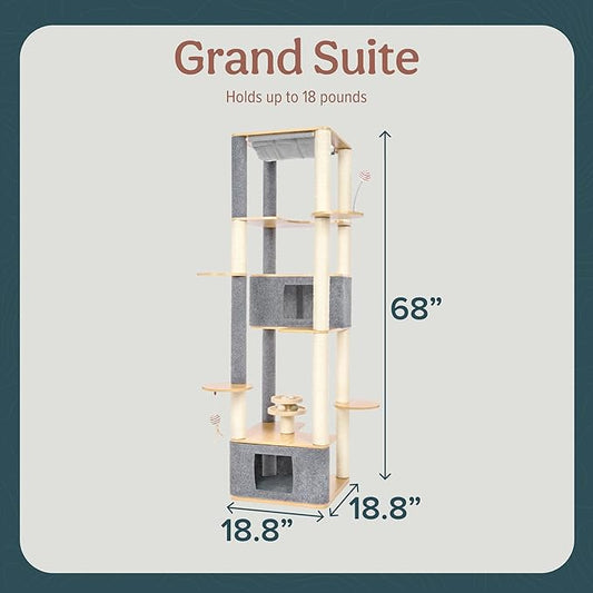 Ascentials - Grand Suite Cat Scratcher Playground - Tall Cat Tower Playground Structure, Sisal Scratching Areas, Grey Felt, Bamboo Veneer w/Linen & Velvet Surface Areas