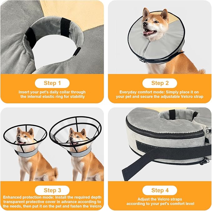 Sponge Core Dog Cat Cone Collar for After Surgery Recovery, Inflatable Dog Cone Alternative, Lainergie Dogs Donut Collar Adjustable with 2PCS Cover for Large Medium Small Dogs Cats (Grey+Yellow, XXL)