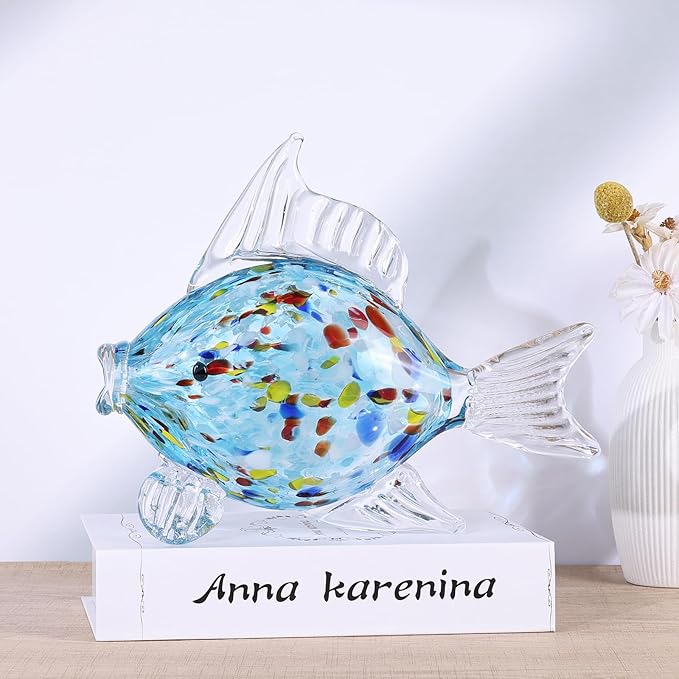 LCCCK Large Hand Blown Glass Fish Figurines, Aquarium Sea Glass Art, Fish Statue Sculpture Modern Coastal Accent - for Beach Knick Knacks, Coffee Tables, Nautical Offices Centerpiece (Aqua)
