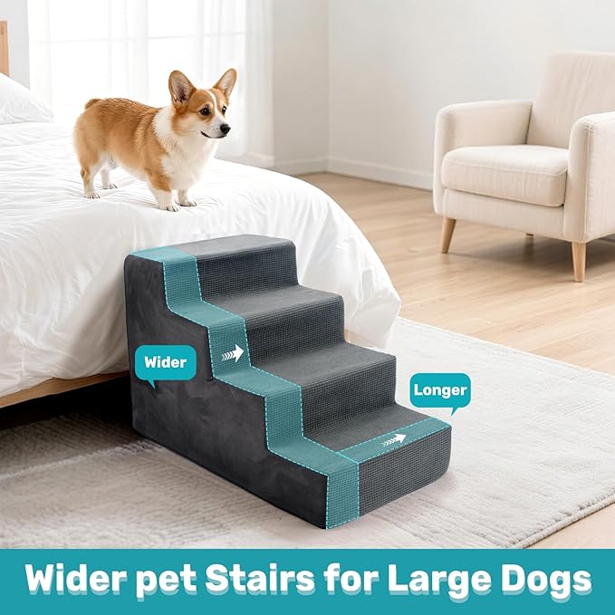 Dog Stairs for Bed, Extra Wide 4-Step Dog Steps for High Bed, High-Density Foam Pet Stairs with Non-Slip Removable Washable Cover for Small Pets, 18" H, Grey