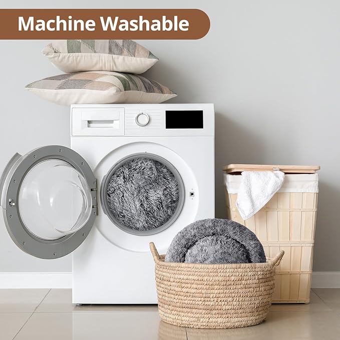 JOLLYVOGUE Small Dog & Cat Beds for Indoor Cats, Donut Cuddler Warming Soft Dog Beds with Anti-Slip Bottom, Round Calming Fluffy Plush Faux Fur Cushion Bed for Small Dogs (23", Smoke Black)