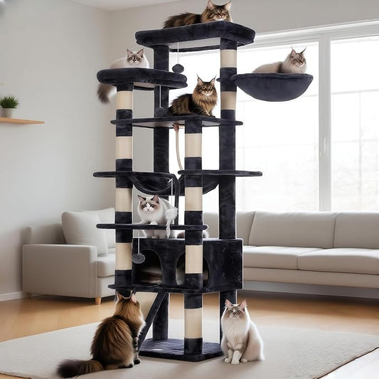 Heybly Tall Cat Tree, 78-inch Multi-Level Cat Tower for Indoor Cats, 2 Widened Plush Perches Cat Condo with Scratching Board and Big Caves, Smoky Gray HCT033G