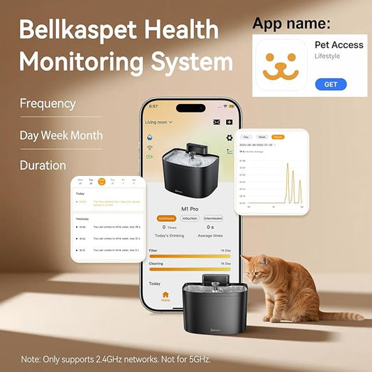 Cat Water Fountain, App Control Wireless Cat Fountain, 122oz/3.6L Pumpless Water Fountains for Cats Indoor with Stainless Steel Tray, Wi-Fi Dog and Pet Water Fountain (Black, Fountain+2 Fliters)