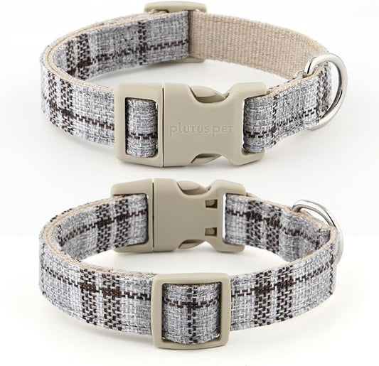 Plutus Pet Cotton Hemp Dog Collar and Leash Set, Adjustable Collar for Small, Medium, and Large Dogs, Heavy Duty and Soft on Skin, Gray Plaid, XS