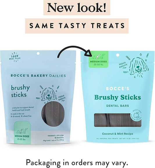 Bocce's Bakery Dailies Brushy Sticks to Support Oral Health & Fresh Breath, Wheat-Free Dental Bars for Dogs, Made with Real Ingredients, Baked in The USA, All-Natural Coconut & Mint, Medium Dogs