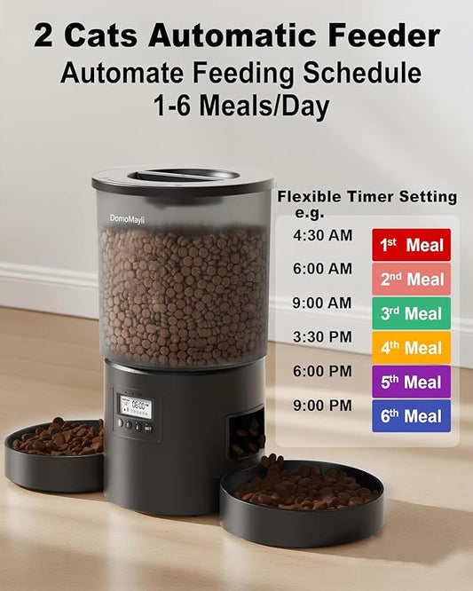 Automatic Cat Feeder for 2 Cats,Dry Food Dispenser with Double Bowls and Clear 4.2L Capacity,Programmable Portion Control,Up to 6 Meals per Day,10-Second Voice Recording,Dual Power-Black