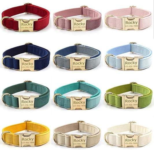Personalized Velvet Dog Collars with Pet Name Phone Number Engraved, Custom Adjustable Soft Collar with Metal Buckle for Small Medium Large Dogs, Dog Leash and Bow Tie Available -Black