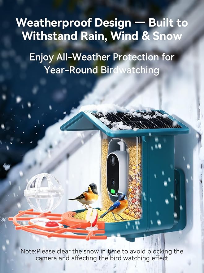 outinput 2.5K Smart Bird Feeder with Camera Solar Powered, AI Bird Species Identification, Squirrel Proof, Real-Time Video Notifications, Weatherproof, Ideal Gift for Family and BirdLovers, Navy Blue