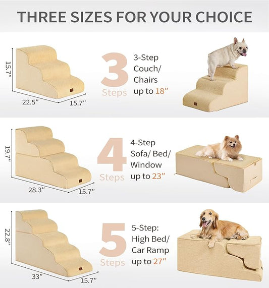 Made4Pets Dog Stairs Ramp for Bed 19.7" H, 4-Step Dog Steps for High Bed Couch Sofa Climbing, 35D Foam Pet Steps for Small Dogs and Cats, Non-Slip Bottom Pet Stairs, Tan