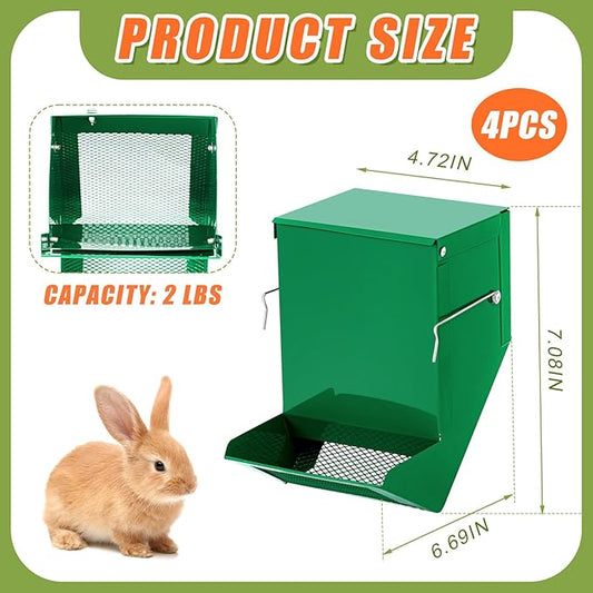 Maxcheck 4 Pcs Rabbit Feeder for Cages Small Animal Food Dispenser with Lid Metal Rabbit Feeders Outside for Guinea Pig(4.7 Inches,Green)