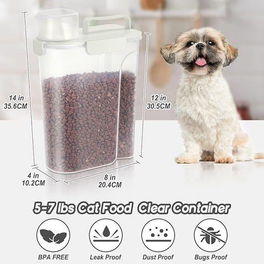 5Lbs Dog Cat Storage Container Portable with Upgraded Large Spout and Cup, Plastic Pet Food Dispenser for Small Animal Kibble, Bird Seed, Oatmeal, Rice, Flour, Brown Sugart -Elegant White