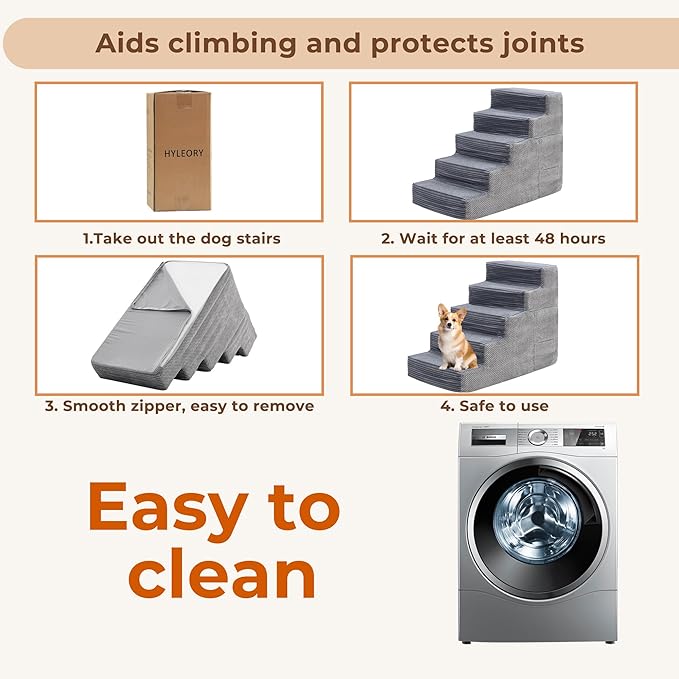 HYLEORY Dog Stairs for Bed 22.5''H, 5-Step Pet Stairs for Small Dogs Cats, Sturdy Pet Steps with Non-Slip Bottom, Functional Portable Dog Ramp for Couch/Chair/Sofa/Car, Storage Pocket, Grey-Light Grey