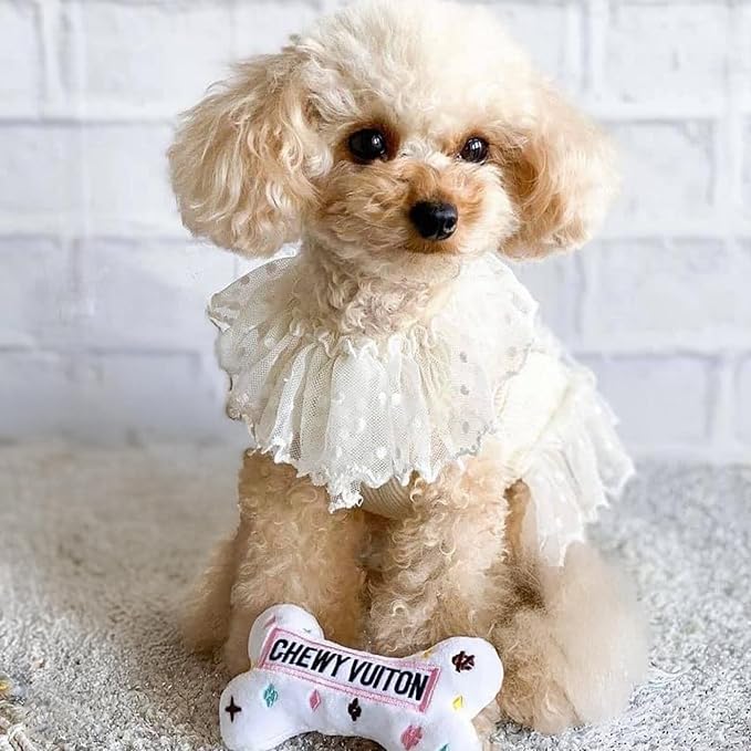 Haute Diggity Dog White Chewy Vuiton Bone, Plush Designer Dog Toys with Interactive Squeaker, Stimulating Pet Enrichment, Machine-Washable & Safe Materials for All Breeds, Size Small