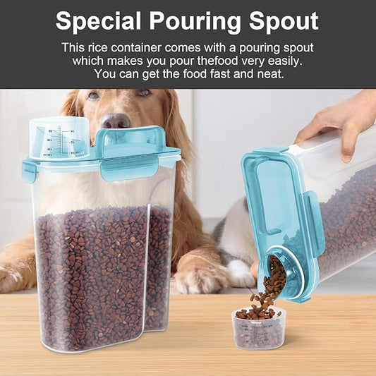 5-7Lbs Cat Dog Storage Container, Portable Pet Food Containers with Upgraded Large Spout and Cup, Small Animal Kibble Dispenser for Bird Seed, Oatmeal, Rice, Flour-Clear Blue