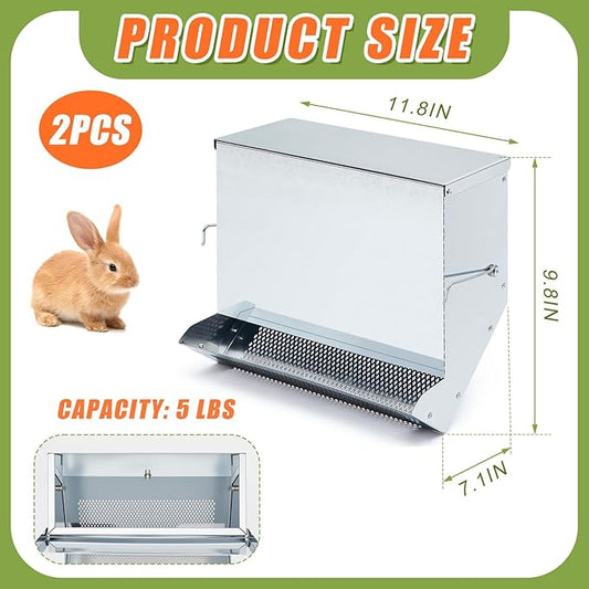 Maxcheck 2 Pcs Rabbit Feeder for Cages Small Animal Food Dispenser with Lid Metal Chicken Grit Oyster Shell Feeders Outside (11.8 Inches,Mesh Bottom,Silver)