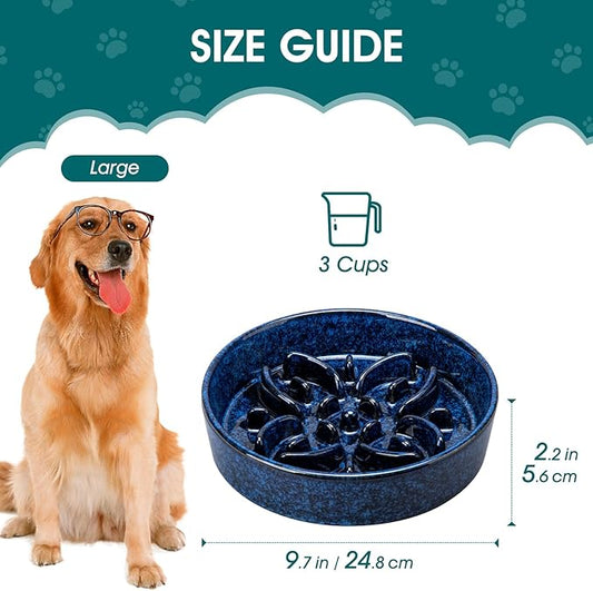 vancasso Ceramic Slow Feeder Dog Bowls, Puzzle Dog Food Bowls with Floral Maze, Anti -Slip Pet Food Dish for Large Breed, 3 Cups, Blue