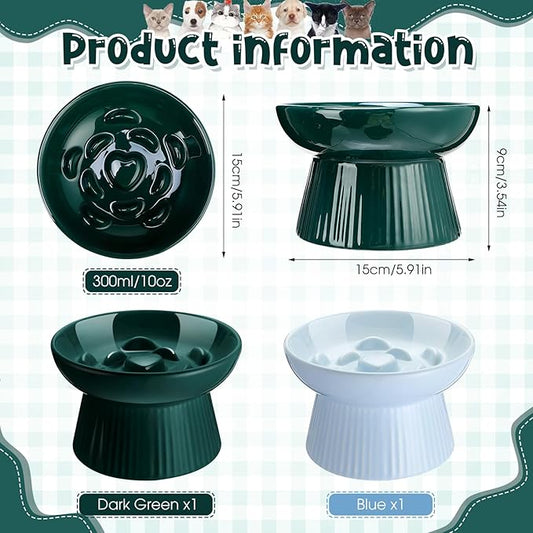 Tioncy 2 Pcs Raised Cat Slow Feeder Bowl Ceramic Elevated Cat Dog Food Bowl No Spill High Edge for Dry Wet Food and Water Easy to Clean, Dishwasher Safe(Dark Green, Blue)