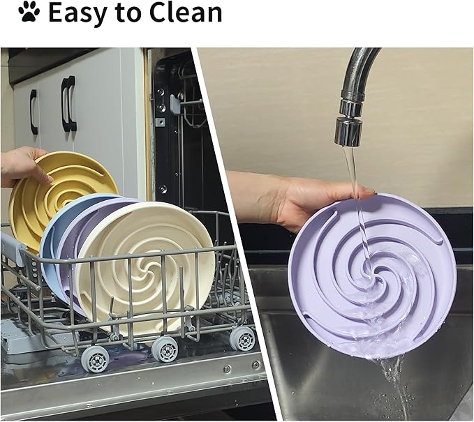 Slow Feeder Dog Bowls, Dishwasher Microwave Safe Silicone Puppy Puzzle Bowl with Non-Slip Design for Eating (White and Purple)