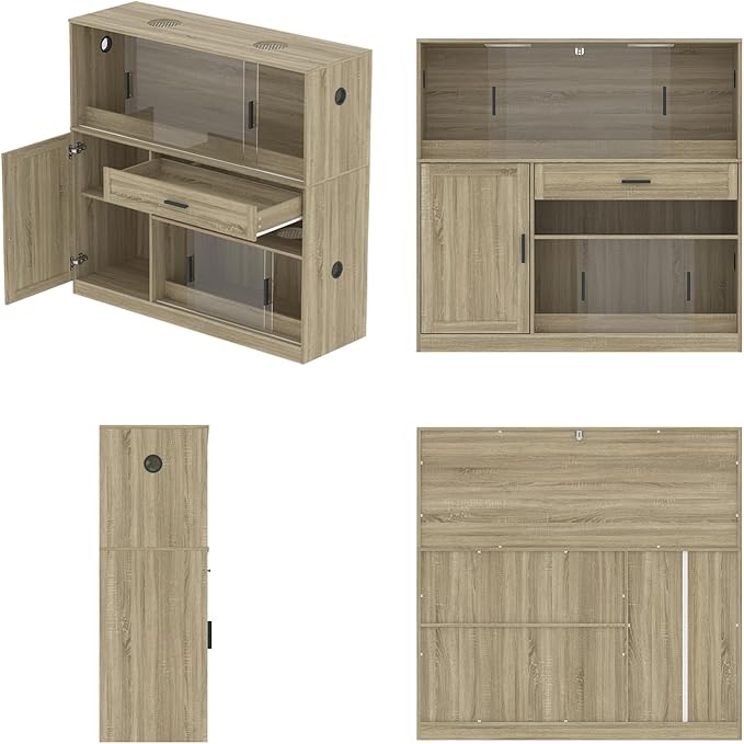 DAWNSPACES Terrarium Stand, Bearded Dragon Cage, Reptile Tank Stand Enclosure, Terrarium Table with Tempered Glass, Ventilation Holes, 1 Cabinet and 1 Drawer for Living Room, Light Oak