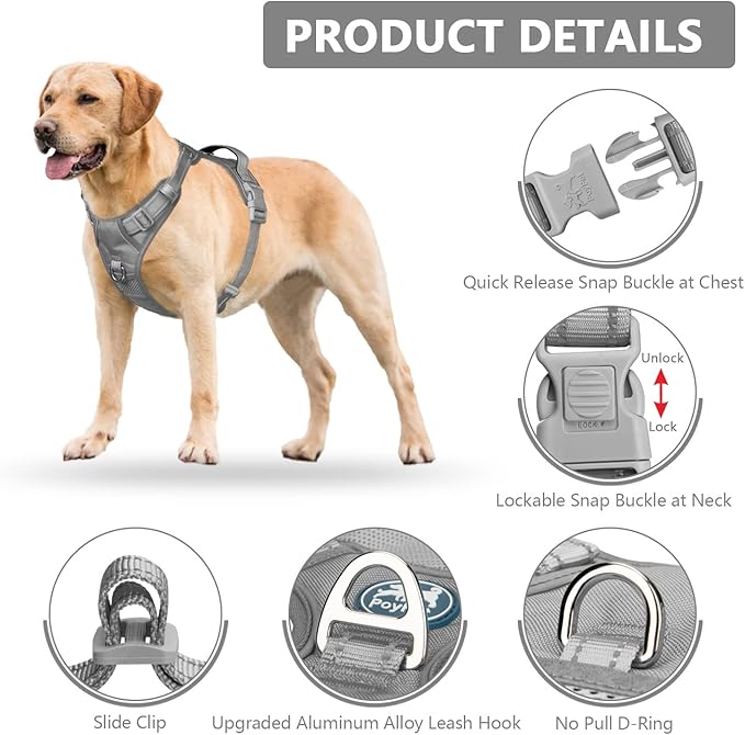 PoyPet No Pull Dog Harness, No Choke Reflective Dog Vest, Adjustable Pet Harnesses with 2 Leash Attachments with Easy Control Padded Handle for Small Medium Large Dogs(Gray,S)