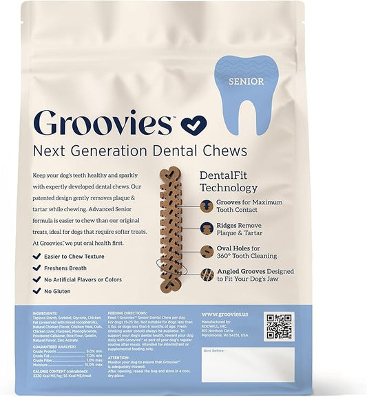 Groovies Slightly Softer, Yet Flexible Dental Chew for Senior Dogs & Delicate Chewers. Powered by USA-Patented DentalFit Tech. No Added Gluten, No Artificial Flavors or Colors. 12oz Medium (20Chews)