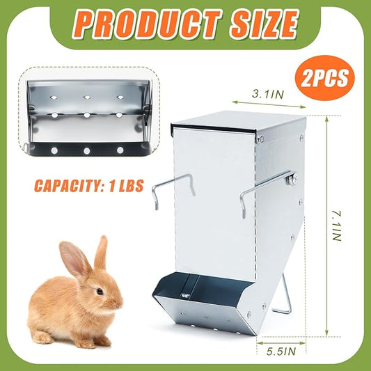 Maxcheck 2 Pcs Rabbit Feeder for Cages Small Animal Food Dispenser with Lid Metal Chicken Grit Oyster Shell Feeders Outside (3.2 Inches,Mesh Bottom,Silver)