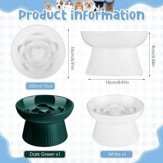 Tioncy 2 Pcs Raised Cat Slow Feeder Bowl Ceramic Elevated Cat Dog Food Bowl No Spill High Edge for Dry Wet Food and Water Easy to Clean, Dishwasher Safe(Dark Green, White)