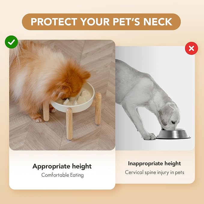 Ceramic 1.2 Cup Dog Raised Slow Feeder Set, Elevated Bowl with Wooden Stand for Medium and Small Dog, 7.3inch Slow Feeder Dish for Fast Easters (Beige, Single Bowl+ Stand)