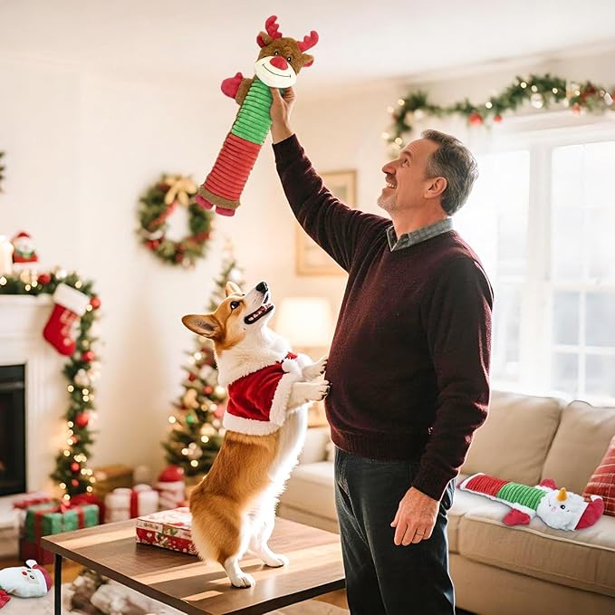 Christmas Squeaky Dog Toys- 3 Pack No-Stuffing Dog Chew Toys with Crinkle and Squeaker- Elk, Santa Claus, Snowman Chew Toys to Keep Them Busy, Tug of War Toys for Medium and Large Dogs