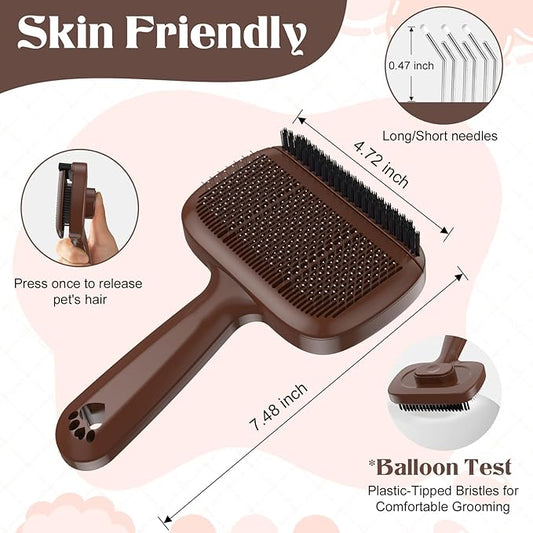 Self Cleaning Dog Brush for Shedding - Bristle Brush and Long/Short Needles Design, Skin Friendly, Slicker Deshedding Dog Brush, Hair Removal for Long & Short Haired Pets (Brown)