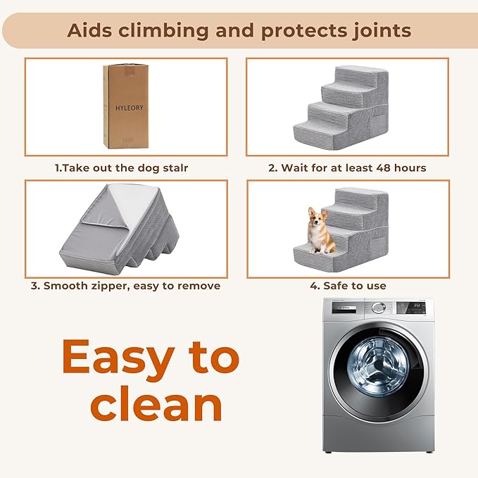 HYLEORY Dog Stairs for Bed 18''H, 4-Step Pet Stairs for Small Dogs & Cats, Sturdy Pet Steps with Non-Slip Bottom, Functional Portable Dog Ramp for Couch/Chair/Sofa/Car, Storage Pocket, Light Grey