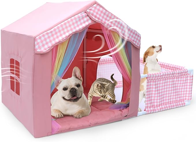Dog House Indoor with Frame for Small to Medium Dogs, LitaiL Cute Dog Tent Bed with Play Area, Breathable, Washable, Cute Princess Dog Cat House with Soft Plush Cushion, 44" L x 26.8" W x 25" H, Pink