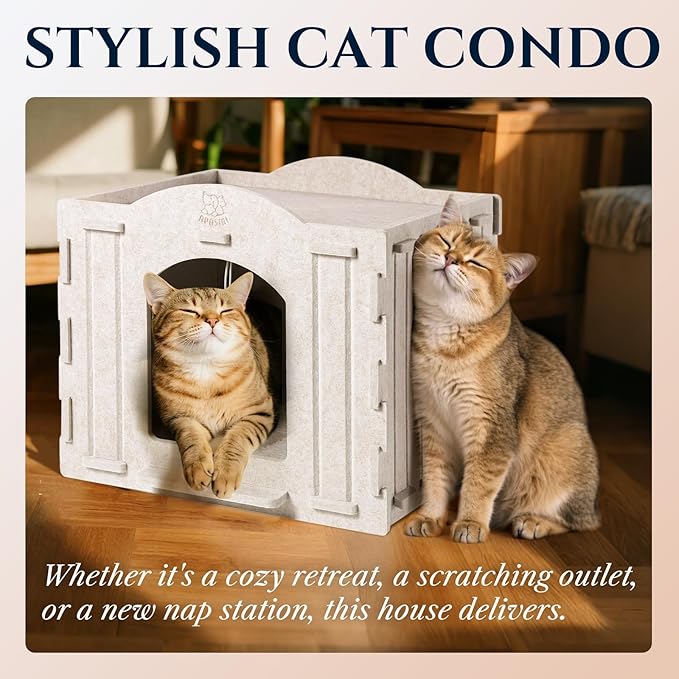 Apasiri Cat House Scratch-Resistant: Indoor Warm Enclosed Felt Bed Cave with Hanging Ball Toy, No-Tool Assembly Hideaway for Anxious Cats & Kittens, 13.4x13.4x9.85 Inch Interior