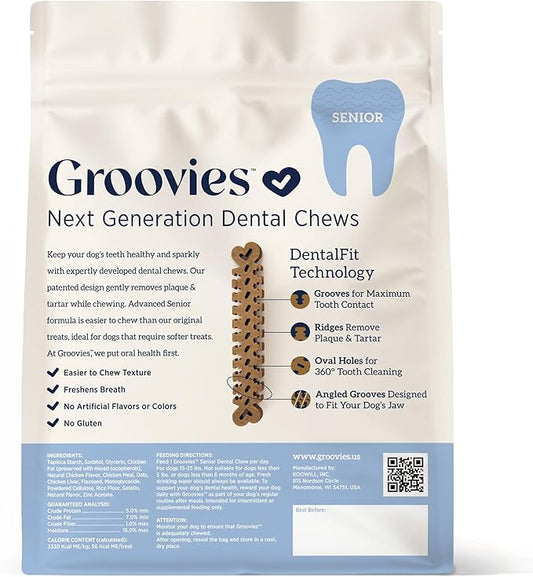 Groovies Slightly Softer, Yet Flexible Dental Chew for Senior Dogs & Delicate Chewers. Powered by USA-Patented DentalFit Tech. No Added Gluten, No Artificial Flavors or Colors. 27oz Medium (45Chews)