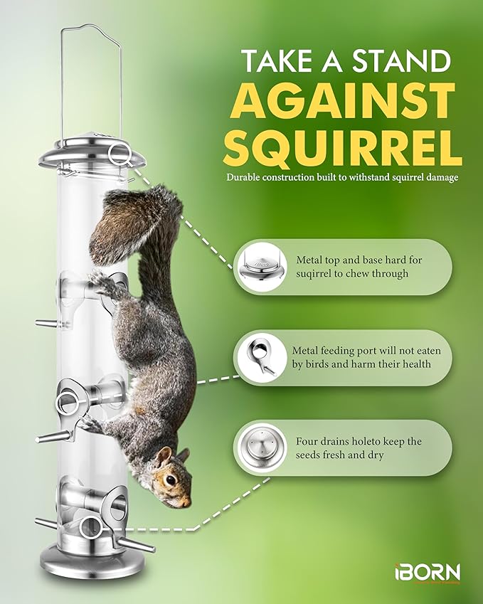 iBorn Metal Bird Feeders 6 Ports Hanging Wild Bird Seed Feeder for Mix Seed Blends,Seed Feeder, Sunflower Heart, Birdbath, Heavy Duty All Metal Nickel Finishing 15 Inch 6Port