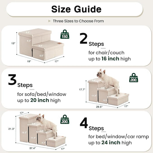 Love's cabin Dog Stairs with Storage 13" H,Foldable Pet Stairs for Small Medium or Large Dogs,Cat Puppy Steps Ramp with Zip up to 150 lbs(Beige,2 Steps no Condo)