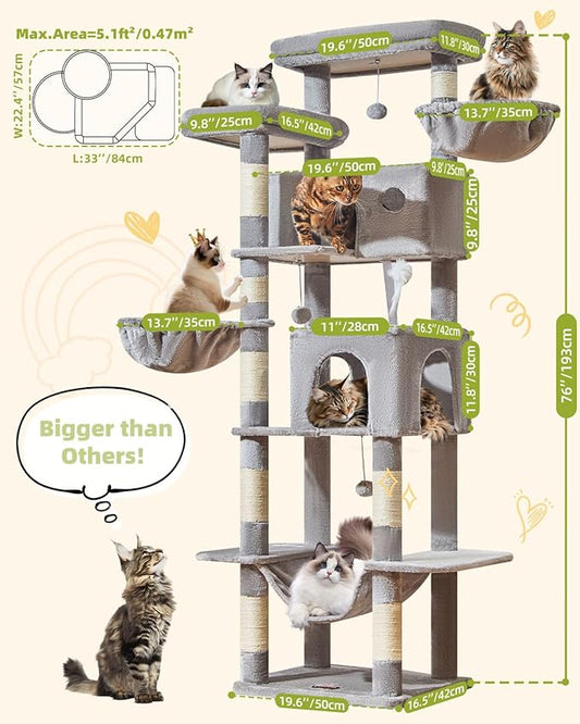 Taoqimiao Cat Tree Tower, 76-Inch Sturdy Cat Tree for Indoor Cats Large Adult Cat Tower with Scratching Posts,2 Condos, 2 Perches, 2 Large Hanging Baskets, Soft Hammock, MS046W Light Gray