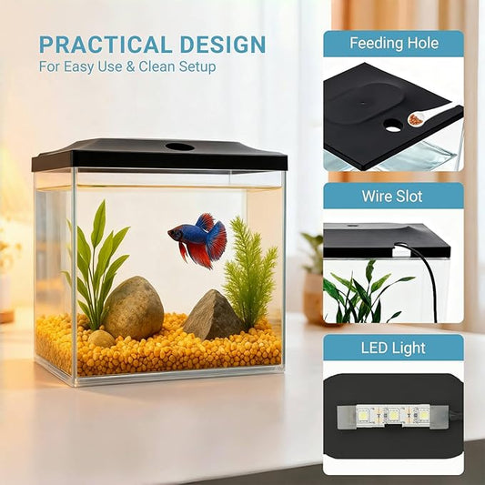 SW PRODUCTS 0.8-Gallon Cube Fish Bowl, Shatterproof Plastic Fish Bowl with LED Lighting, Temporary Fish Tank for Isolation, Decoration & Education