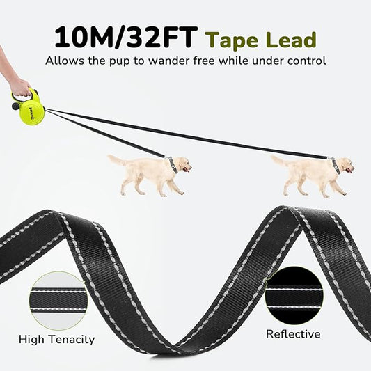 Pecute 32ft Retractable Dog Leash with Reflective Strips, One-Button Control & Sturdiness Nylon Material, Long Leash Retractable with Poop Bag Holder for Medium Large Dog